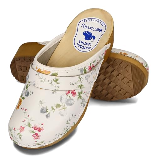BeComfy Damen Holz Clogs Leder Clogs mit Holzsohle Echtleder Holzclogs Blumen Blau Weiß 35-41 EU/Bunte Blumen, 39 von BeComfy
