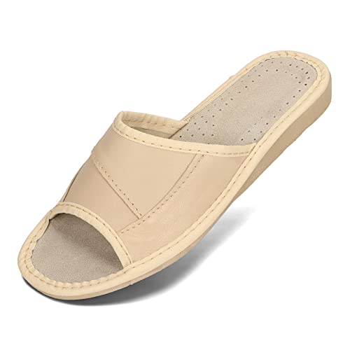 BeComfy Damen Leder Hausschuhe Pantoffeln Schwarz Rot Beige Sommer Pantoletten 36-41 EU (Beige, EU Schuhgrößensystem, Erwachsene, Numerisch, M, 39) von BeComfy