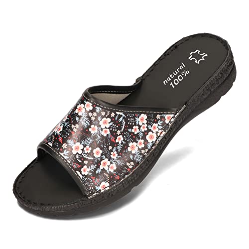 BeComfy Damen Offene Echtes Leder Pantoletten Sandalen Sommerschuhe Bunte Blumen 36-41 EU (Schwarz mit Blumen, numeric_37) von BeComfy