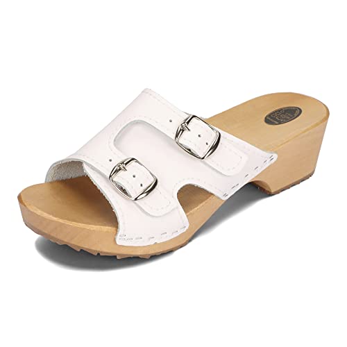 BeComfy Damen Sommer Holzpantoletten Holzclogs mit Offenen Zehen Schnalle Echtleder Weiß und Schwarz Größen 35-41 EU (Weiß, eu_Footwear_Size_System, Adult, Numeric, medium, Numeric_35) von BeComfy