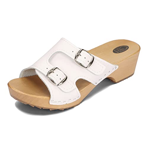 BeComfy Damen Sommer Holzpantoletten Holzclogs mit Offenen Zehen Schnalle Echtleder Weiß und Schwarz Größen 35-41 EU (Weiß, eu_Footwear_Size_System, Adult, Numeric, medium, Numeric_38) von BeComfy