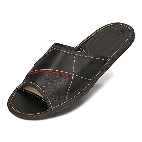 BeComfy Herren Hausschuhe Leder Slippers Männer Pantoletten Sommer Pantoffeln Schwarz Braun Rot 40-46 EU (Schwarz Rot, EU Schuhgrößensystem, Erwachsene, Numerisch, M, 41) von BeComfy