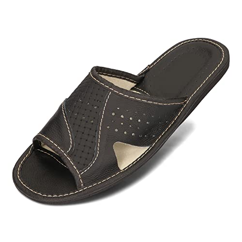 BeComfy Herren Hausschuhe Leder Slippers Männer Pantoletten Sommer Pantoffeln Schwarz Braun Rot 40-46 EU (Schwarz, EU Schuhgrößensystem, Erwachsene, Numerisch, M, 43) von BeComfy