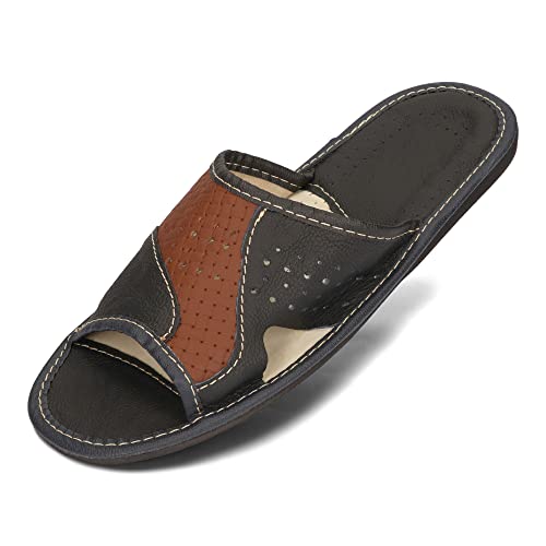 BeComfy Herren Hausschuhe Leder Slippers Männer Pantoletten Sommer Pantoffeln Schwarz Braun Rot 40-46 EU (Schwarz Hellbraun, EU Schuhgrößensystem, Erwachsene, Numerisch, M, 44) von BeComfy