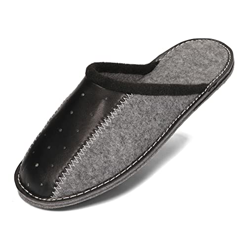 BeComfy Herren Filzpantoffeln Hausschuhe Pantoffel Filz Filzsohle Sehr Leicht Grau Schwarz 40 41 42 43 44 45 46 EU (Grau-Lederfarbe, EU Schuhgrößensystem, Erwachsene, Numerisch, M, 40) von BeComfy