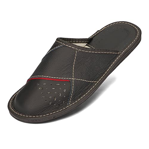 BeComfy Herren Hausschuhe Leder Pantoffel Männer Pantoffeln aus Echtleder Mann Schwarz Braun 40-50 EU (Schwarz Rot, EU Schuhgrößensystem, Erwachsene, Numerisch, M, 41) von BeComfy