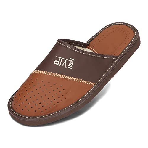 BeComfy Herren Hausschuhe Leder EVA-Sohle Hausschuh Männer Pantoffeln Herrenhausschuhe Schwarz Braun Grau 40-46 EU (Braun VIP, EU Schuhgrößensystem, Erwachsene, Numerisch, M, 43) von BeComfy