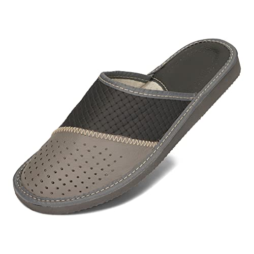 BeComfy Herren Hausschuhe Leder EVA-Sohle Hausschuh Männer Pantoffeln Herrenhausschuhe Schwarz Braun Grau 40-46 EU (Schwarz-Grau, EU Schuhgrößensystem, Erwachsene, Numerisch, M, 43) von BeComfy