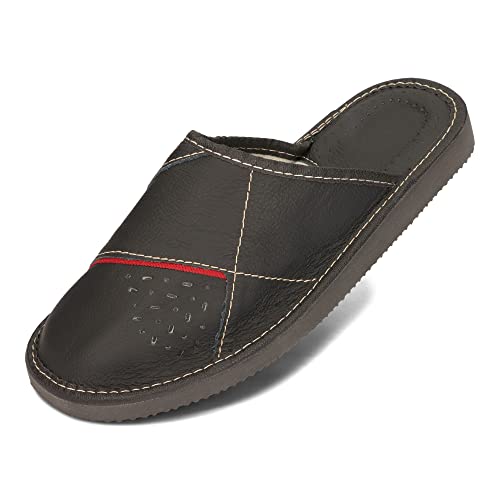 BeComfy Herren Hausschuhe Leder EVA-Sohle Hausschuh Männer Pantoffeln Herrenhausschuhe Schwarz Braun Grau 40-46 EU (Schwarz-Rot, EU Schuhgrößensystem, Erwachsene, Numerisch, M, 41) von BeComfy
