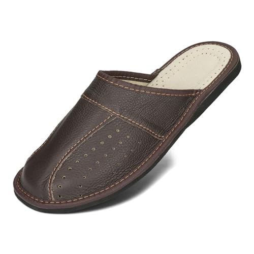 BeComfy Herren Hausschuhe Leder Pantoffel Männer Pantoffeln aus Echtleder Mann Schwarz Braun 40-50 EU (Dunkelbraun, EU Schuhgrößensystem, Erwachsene, Numerisch, M, 41) von BeComfy