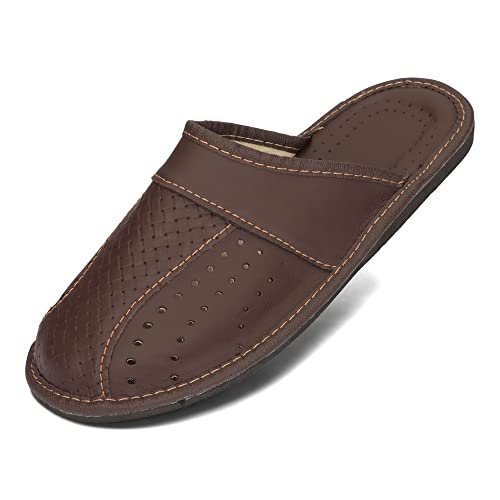 BeComfy Herren Hausschuhe Leder Pantoffel Männer Pantoffeln aus Echtleder Mann Schwarz Braun 40-50 EU (Braun, EU Schuhgrößensystem, Erwachsene, Numerisch, M, 47) von BeComfy