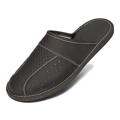 BeComfy Herren Hausschuhe Leder Pantoffel Männer Pantoffeln aus Echtleder Mann Schwarz Braun 40-50 EU (Schwarz, EU Schuhgrößensystem, Erwachsene, Numerisch, M, 49) von BeComfy