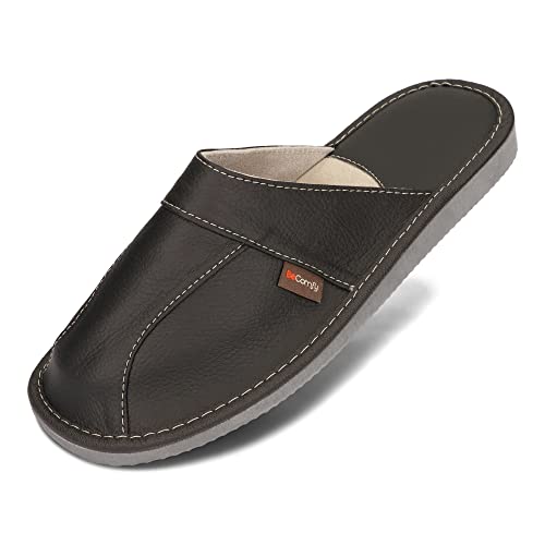 BeComfy Herren Leder Hausschuhe mit geformtem Fußbett Bequeme Pantoffeln für Zuhause und Entspannung Größen 40-46 EU (46, Schwarz) von BeComfy