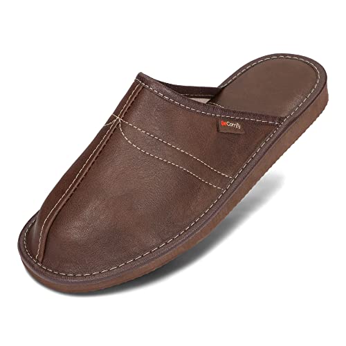 BeComfy Herren Leder Hausschuhe mit geformtem Fußbett Bequeme Pantoffeln für Zuhause und Entspannung Größen 40-46 EU (45, Braun) von BeComfy