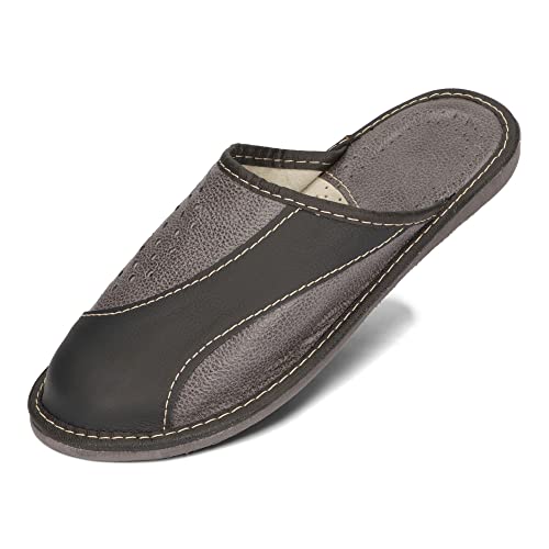 BeComfy Herren Hausschuhe Männer Leder Pantoffeln Haus Schuhe Slippers Pantoletten Echtleder Herrenhausschuhe Schwarz Grau Braun 40 41 42 43 44 45 46 EU (40, Schwarz-Grau, Numeric_40) von BeComfy