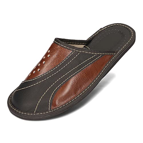 BeComfy Herren Hausschuhe Männer Leder Pantoffeln Haus Schuhe Slippers Pantoletten Echtleder Herrenhausschuhe Schwarz Grau Braun 40 41 42 43 44 45 46 EU (41, Schwarz-Braun, Numeric_41) von BeComfy