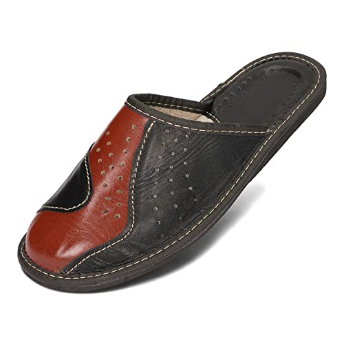 BeComfy Herren Hausschuhe Männer Leder Pantoffeln Haus Schuhe Slippers Pantoletten Echtleder Herrenhausschuhe Schwarz Grau Braun 40 41 42 43 44 45 46 EU (40, Schwarz mit Braun, numeric_40) von BeComfy