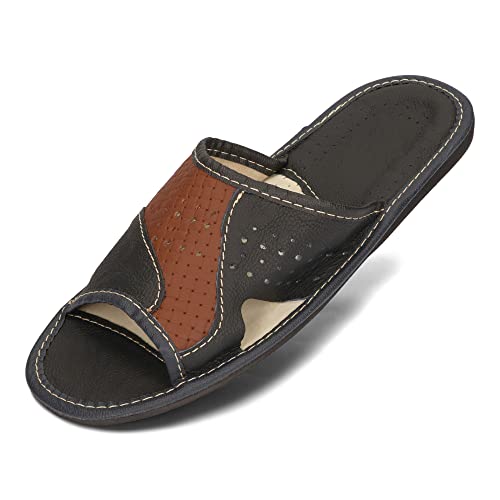 BeComfy Herren Hausschuhe Leder Slippers Männer Pantoletten Sommer Pantoffeln Schwarz Braun Rot 40-46 EU (Schwarz Hellbraun, EU Schuhgrößensystem, Erwachsene, Numerisch, M, 41) von BeComfy