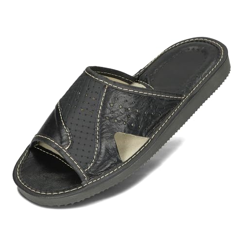 BeComfy Herren Hausschuhe Leder Sommer Offene Pantoffeln für Männer Slippers VIP 40-46 EU (Schwarz, EU Schuhgrößensystem, Erwachsene, Numerisch, M, 41) von BeComfy