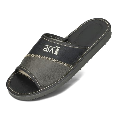 BeComfy Herren Hausschuhe Leder Sommer Offene Pantoffeln für Männer Slippers VIP 40-46 EU (Schwarz Grau, EU Schuhgrößensystem, Erwachsene, Numerisch, M, 44) von BeComfy