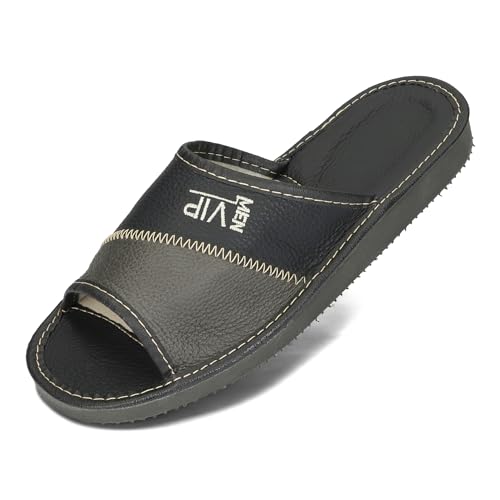 BeComfy Herren Hausschuhe Leder Sommer Offene Pantoffeln für Männer Slippers VIP 40-46 EU (Schwarz Grau, EU Schuhgrößensystem, Erwachsene, Numerisch, M, 46) von BeComfy