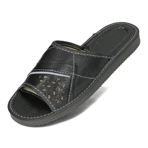 BeComfy Herren Hausschuhe Leder Sommer Offene Pantoffeln für Männer Slippers VIP 40-46 EU (Schwarz Hellgrau, EU Schuhgrößensystem, Erwachsene, Numerisch, M, 41) von BeComfy