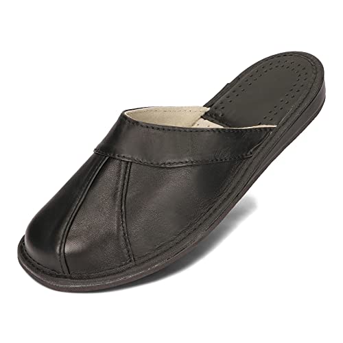 BeComfy Herren Leder Hausschuhe Lederpantoffeln Latschen Schwarz Weiches Kalbsleder 40-46 EU (Schwarz, 46 von BeComfy