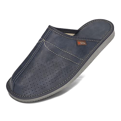 BeComfy Herren Leder Hausschuhe mit geformtem Fußbett Bequeme Pantoffeln für Zuhause und Entspannung Größen 40-46 EU (41 EU, Marineblau) von BeComfy