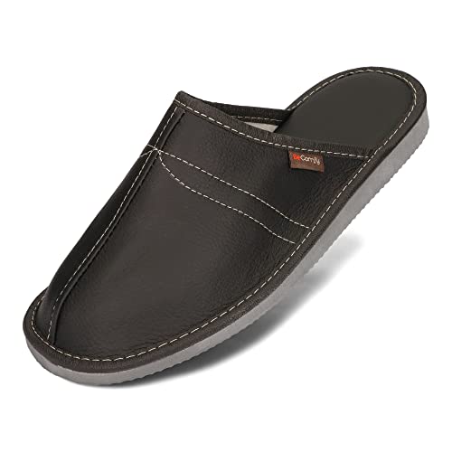 BeComfy Herren Leder Hausschuhe mit geformtem Fußbett Bequeme Pantoffeln für Zuhause und Entspannung Größen 40-46 EU (42, Schwarz) von BeComfy