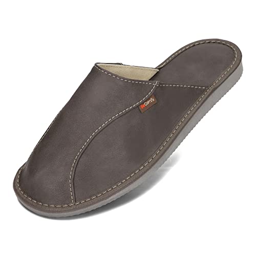 BeComfy Herren Leder Hausschuhe mit geformtem Fußbett Bequeme Pantoffeln für Zuhause und Entspannung Größen 40-46 EU (45 EU, Grau) von BeComfy