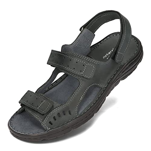 BeComfy Herren Leder Sandalen Sommerschuhe Klettschuhe Verstellbare Breite Echtes Leder Schwarz Braun 39-46 EU (Schwarz, numeric_42) von BeComfy