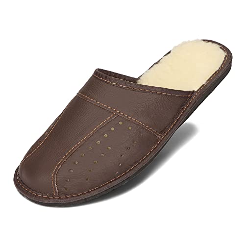 BeComfy Herren Leder Hausschuhe in Braun Schwarz Natürliche Wollfütterung Warme Bequeme Pantoffeln Größen 40-46 EU (Braun, eu_footwear_size_system, adult, numeric, medium, numeric_42) von BeComfy