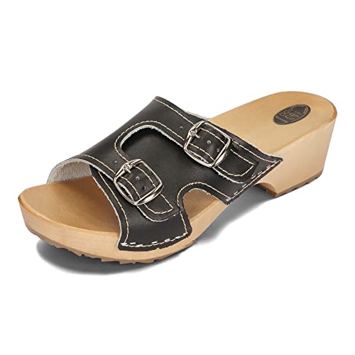 BeComfy Damen Sommer Holzpantoletten Holzclogs mit Offenen Zehen Schnalle Echtleder Weiß und Schwarz Größen 35-41 EU (Schwarz, eu_Footwear_Size_System, Adult, Numeric, medium, Numeric_36) von BeComfy