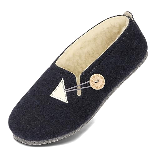 BeComfy Damen Filzhauschuhe Gefüttert mit Schafwolle Warme Pantoffeln mit Knopf Filzsohle 36-42 EU (Marineblau, EU Schuhgrößensystem, Erwachsene, Numerisch, M, 41) von BeComfy