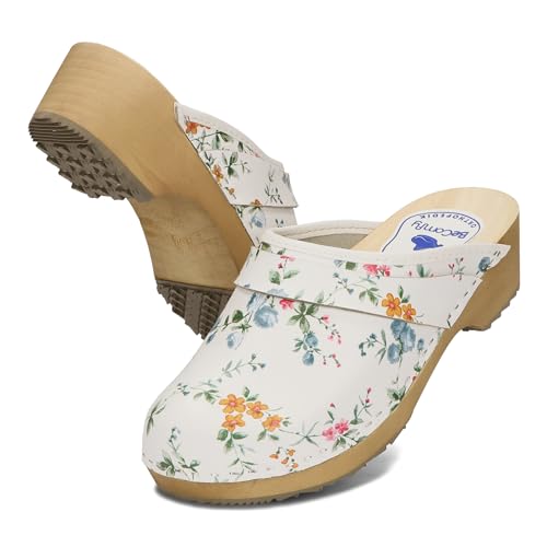 BeComfy Unisex Leder Clogs Damen Holzclogs Herren Echtleder Holzclogs Gartenclogs Holzsohle 35-46 EU (Bunte Blumen, EU Schuhgrößensystem, Erwachsene, Numerisch, M, 40) von BeComfy