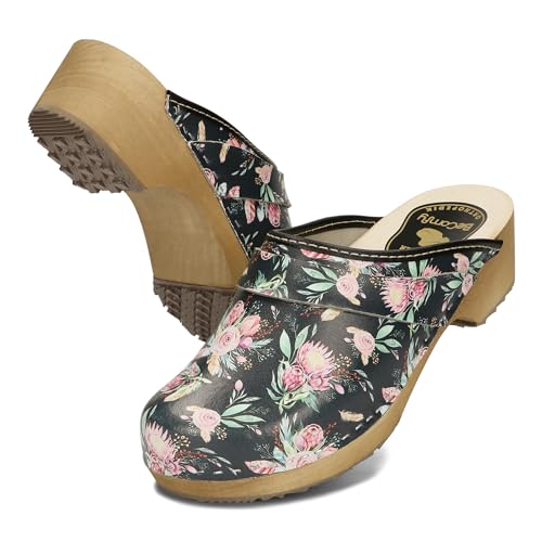 BeComfy Unisex Leder Clogs Damen Holzclogs Herren Echtleder Holzclogs Gartenclogs Holzsohle 35-46 EU (Schwarz Rosa, EU Schuhgrößensystem, Erwachsene, Numerisch, M, 40) von BeComfy