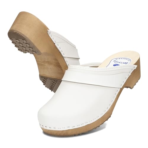BeComfy Unisex Leder Clogs Damen Holzclogs Herren Echtleder Holzclogs Gartenclogs Holzsohle 35-46 EU (Weiß, EU Schuhgrößensystem, Erwachsene, Numerisch, M, 39) von BeComfy