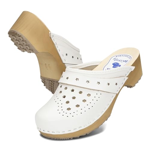 BeComfy Unisex Leder Clogs Damen Holzclogs Herren Echtleder Holzclogs Gartenclogs Holzsohle 35-46 EU (Weiß Sterne, EU Schuhgrößensystem, Erwachsene, Numerisch, M, 40) von BeComfy