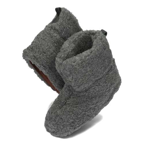 BeComfy Warme Hausschuhe Damen Herren Hüttenschuhe aus Schafwolle Wollhausschuhe Unisex Hausstiefel mit Ledersohle Ledergriff 36-46 EU (Graphit, 42) von BeComfy