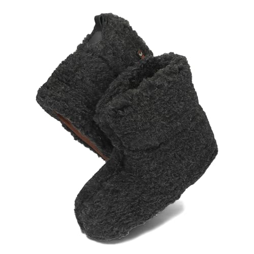 BeComfy Warme Hausschuhe Damen Herren Hüttenschuhe aus Schafwolle Wollhausschuhe Unisex Hausstiefel mit Ledersohle Ledergriff 36-46 EU (Schwarz, 46) von BeComfy