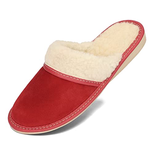 BeComfy Warme Hausschuhe Damen Wildleder Lederhausschuhe mit Schafwolle Winter Leder Pantoffeln aus Wolle 36-41 EU (Rot, eu_footwear_size_system, adult, numeric, medium, numeric_39) von BeComfy