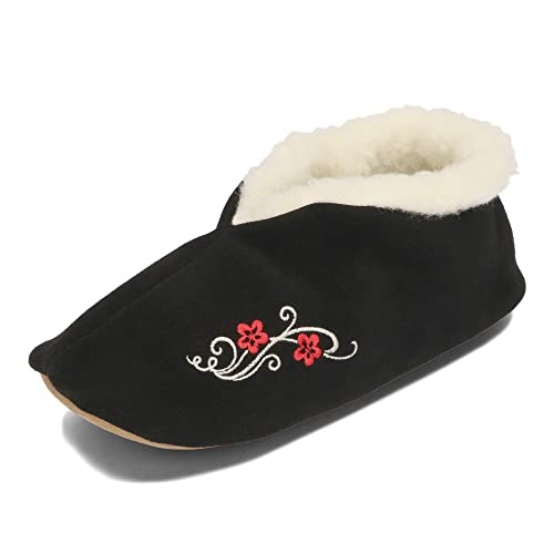 BeComfy Warme Leder Hausschuhe Wolle Damen Herren Wildleder Winter Gefüttert Pantoffeln Schaffell 36-46 EU (Schwarz mit Stickerei, eu_footwear_size_system, adult, women, numeric, medium, numeric_37) von BeComfy