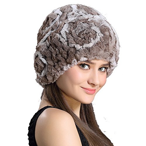 BeFur Damen Rex Kaninchen Fell Winter Mütze Beanie Cape Baskenmütze Hut Gestrickte Baskenmütze - color 3 von BeFur