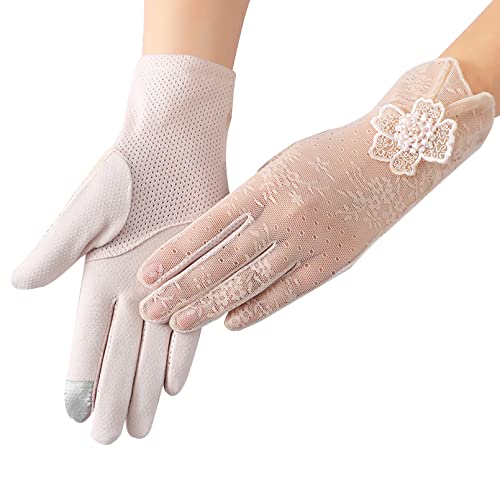 BeFur Damen Spitze Handschuhe Sommer Blume Sonnenschutz Fahrradhandschuhe Braut Hochzeit Opera Fest Party Beige, Einheitsgröße von BeFur