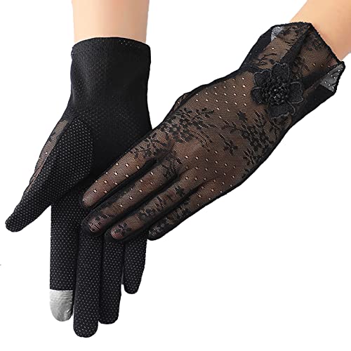 BeFur Damen Spitze Handschuhe Sommer Blume Sonnenschutz Fahrradhandschuhe Braut Hochzeit Opera Fest Party Schwarz, Einheitsgröße von BeFur