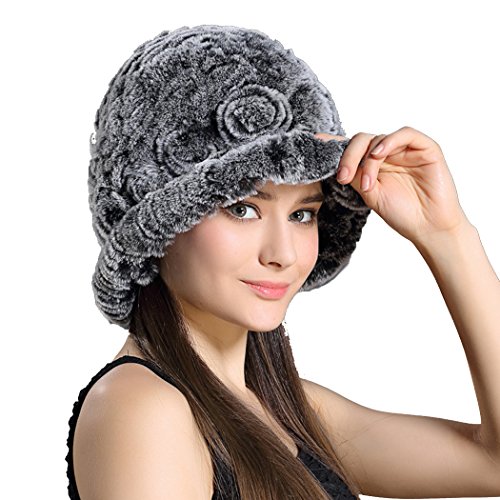 BeFur Damen Winter Fellmütze Beanie Rex Kaninchen Fell Baskenmütze mit Schönen Blumen - color 1 von BeFur