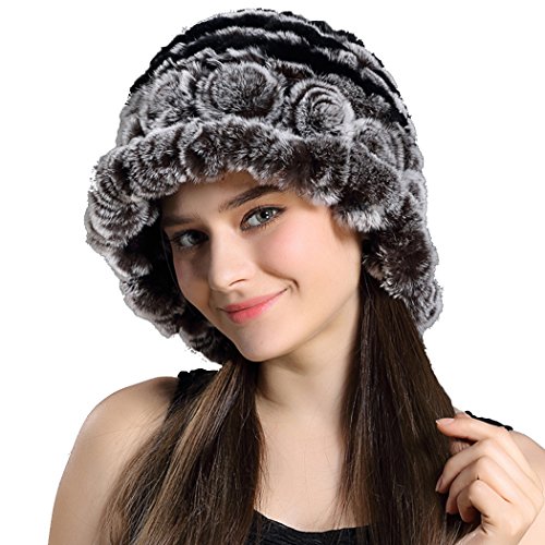 BeFur Damen Winter Fellmütze Beanie Rex Kaninchen Fell Baskenmütze mit Schönen Blumen - color 2 von BeFur