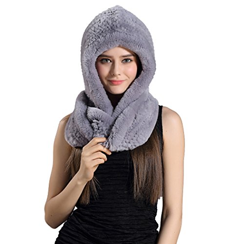 BeFur Dicke Flauschige Fellmütze Echte Rex Kaninchen Fell Schal Stricke Kapuze Kapuzenschal- color 4 von BeFur