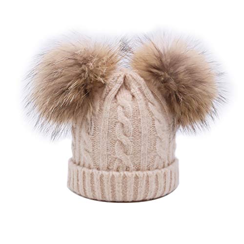 BeFur Kinder Winter Zopfmuster Bommelmütze Hut Beanie Cap mit zwei Bommel - Beige von BeFur