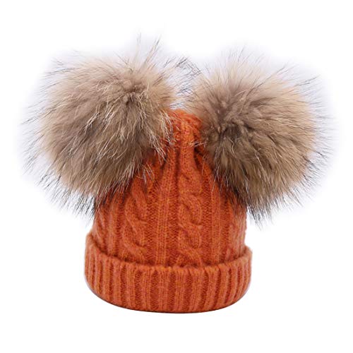 BeFur Kinder Winter Zopfmuster Bommelmütze Hut Beanie Cap mit zwei Bommel - Orange von BeFur
